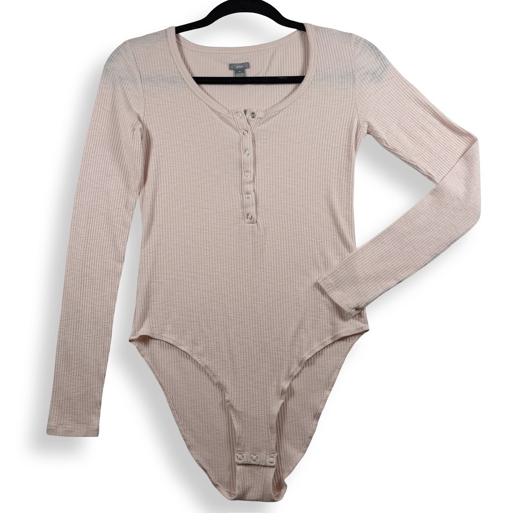 Aerie Balletcore Pale Pink Blush Ribbed Long Sleeve Bodysuit Henley Snap Size M